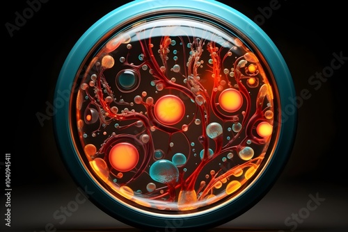 A colorful close up of bacteria, viruses, cell, in a petri dish. Microorganisms under the microscope.