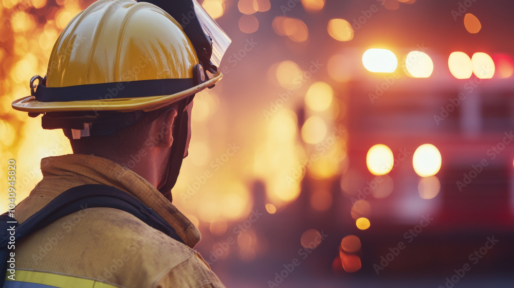 A firefighter stands bravely in front of blazing fire, wearing yellow helmet and protective gear. scene captures intensity and urgency of firefighting efforts A firefighter stands bravely in front of blazing fire, wearing yellow helmet and protective gear. scene captures intensity and urgency of firefighting efforts