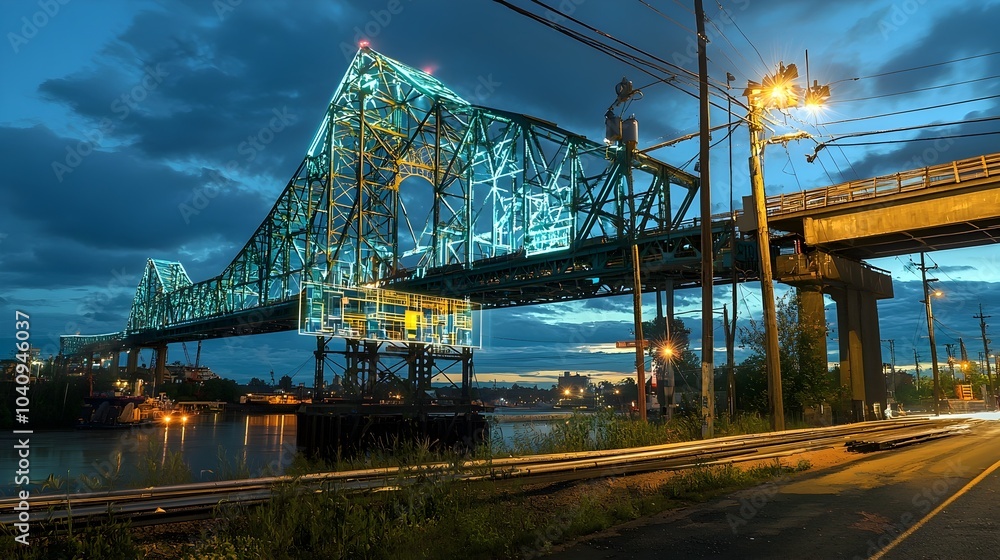 Obraz premium Massive steel bridge under construction with advanced holographic displays showcasing 3D visualizations of the final architectural design and live monitoring of real time load testing data