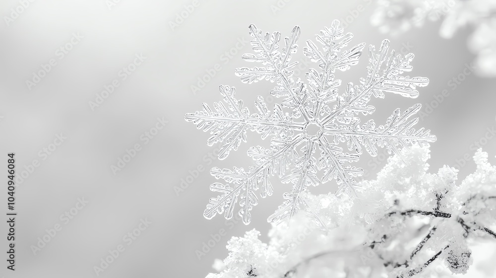 Obraz premium Intricate snowflake resting on a cold surface, soft white background.
