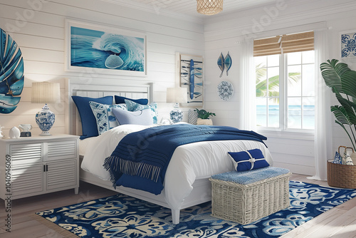 Coastal-inspired bedroom with white walls, navy blue bedding, a blue accent rug, and white furniture, featuring ocean-themed décor for a fresh and calming atmosphere. photo