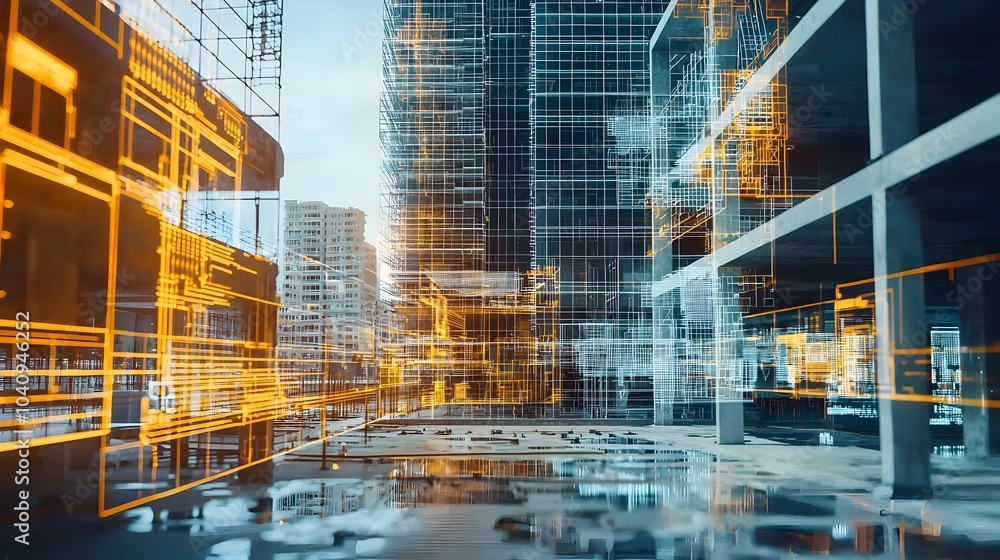 A photography of a futuristic high rise building site surrounded by holograms projecting 3D models of the building s design and engineering calculations