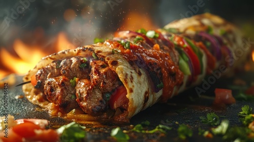 These kebab skewers are loaded with chicken and spicy barbecue sauce, cooking on a grill. photo