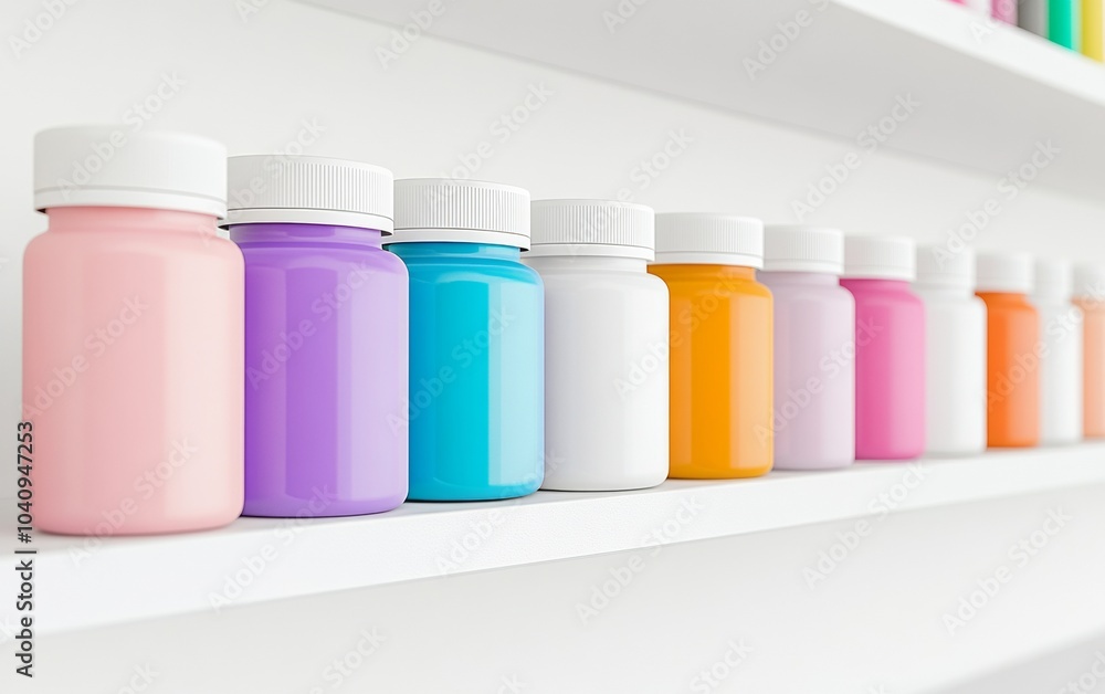 Macro Shot of Colorful Prescription Bottles on Pharmacy Shelf for Medication Management and Organization