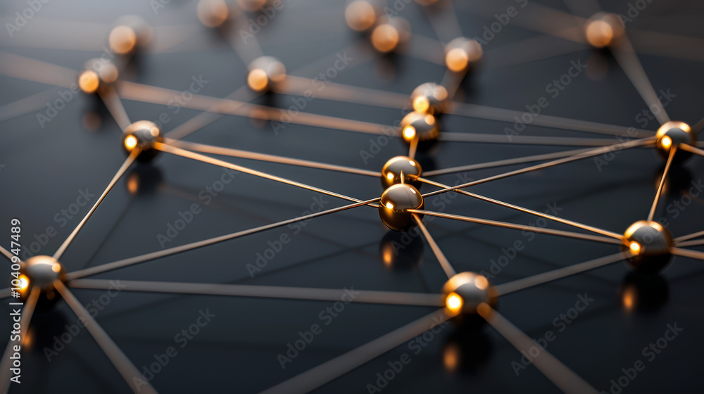 Glowing nodes connected by sleek lines create captivating network structure, showcasing intricate connections and modern design elements. interplay of light and shadow adds depth to this abstract Glowing nodes connected by sleek lines create captivating network structure, showcasing intricate connections and modern design elements. interplay of light and shadow adds depth to this abstract