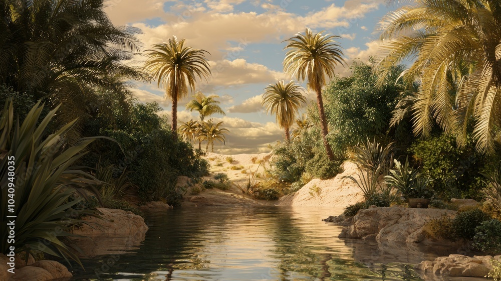 Vivid Digital Oasis - 3D Render of an Animated Classical Landscape with Glowing Palm Trees and Wildlife in a Serene Setting Vivid Digital Oasis - 3D Render of an Animated Classical Landscape with Glowing Palm Trees and Wildlife in a Serene Setting
