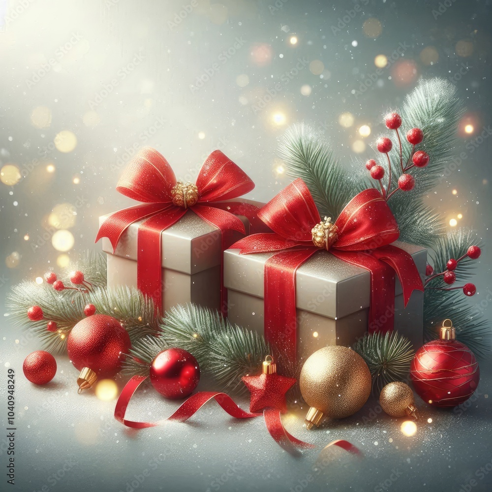 a festive holiday scene featuring two elegantly wrapped gifts with red bows on a soft grey background. Include a touch of winter with a frosted evergreen branch and shiny red ornaments scattered aroun a festive holiday scene featuring two elegantly wrapped gifts with red bows on a soft grey background. Include a touch of winter with a frosted evergreen branch and shiny red ornaments scattered aroun