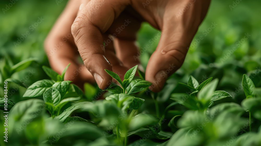 Nurturing fresh green plants, hand carefully picks young leaves in lush garden, showcasing delicate process of cultivation and growth Nurturing fresh green plants, hand carefully picks young leaves in lush garden, showcasing delicate process of cultivation and growth