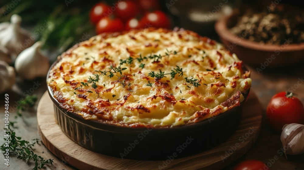 A dish made with layers of cheesy bread in a pan, garnished with herbs. A dish made with layers of cheesy bread in a pan, garnished with herbs.