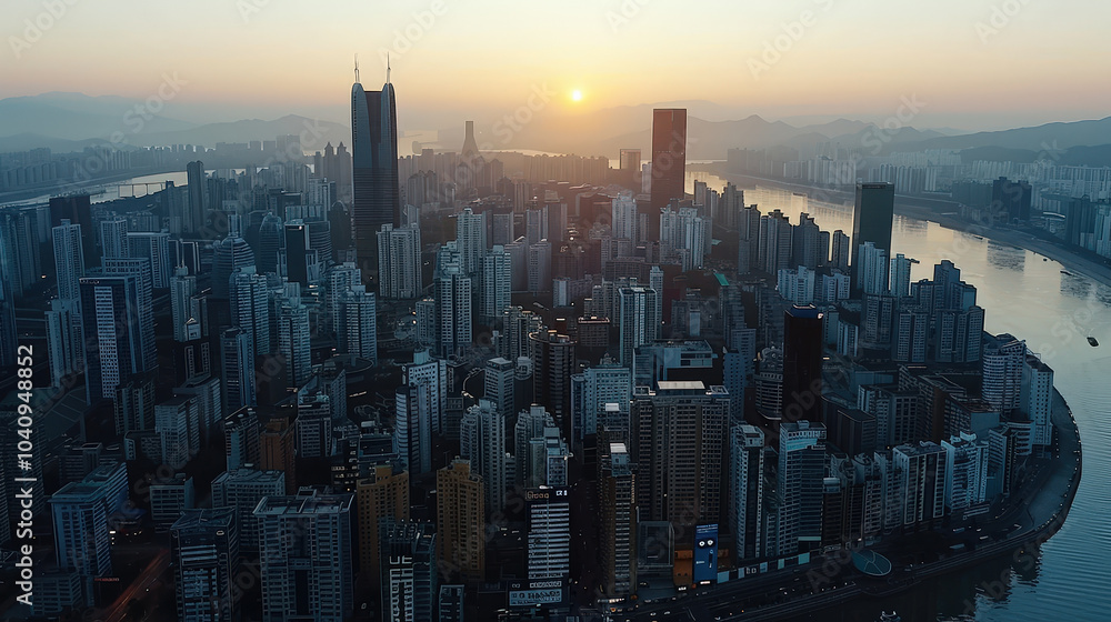 Fototapeta premium stunning aerial view of high rise skyscrapers in bustling city at sunset, showcasing vibrant skyline and river flowing through urban landscape
