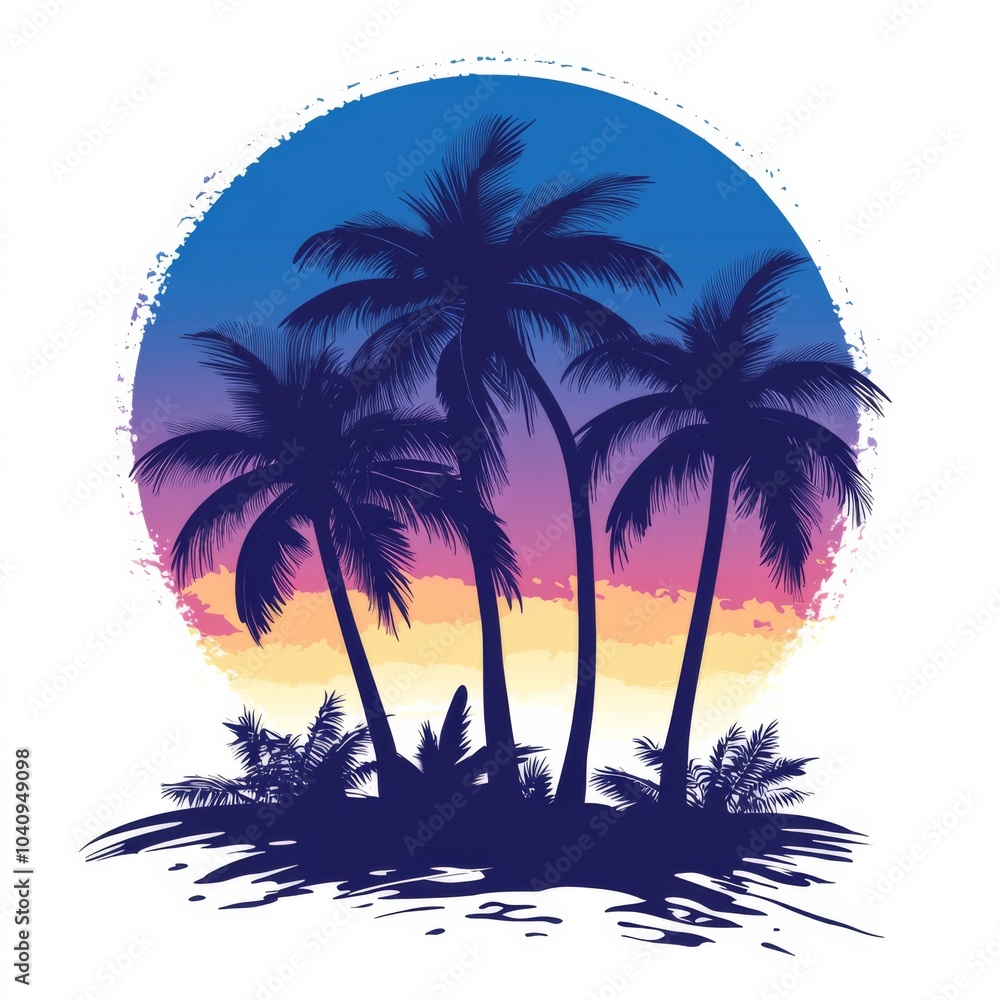 Fototapeta premium Simple vector art featuring palm trees at sunset against a blue and purple sky. 