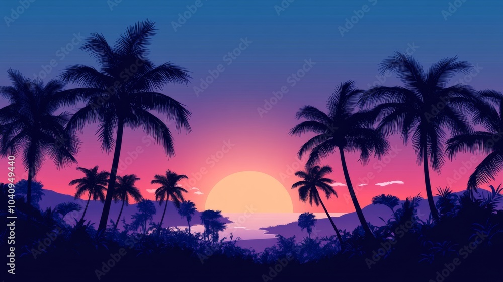 Simple vector art featuring palm trees at sunset against a blue and purple sky. Simple vector art featuring palm trees at sunset against a blue and purple sky.