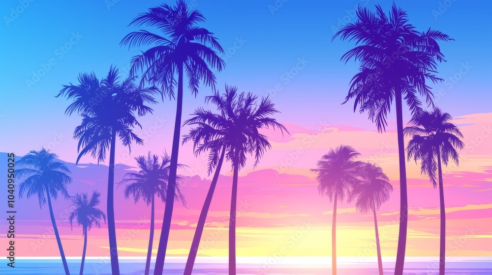 Fototapeta premium Vector art of palm trees at sunset, with a blue and purple sky, in a simple vector style, as clipart, on a white background