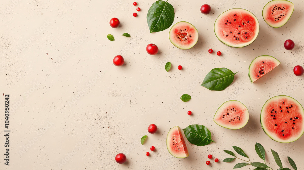 Fresh watermelons and vibrant red berries are beautifully arranged on light background, creating refreshing and inviting summer vibe Fresh watermelons and vibrant red berries are beautifully arranged on light background, creating refreshing and inviting summer vibe