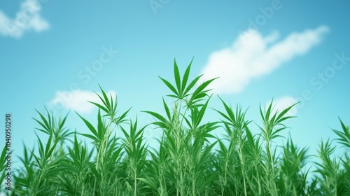 Lush green cannabis plants growing against a blue sky.