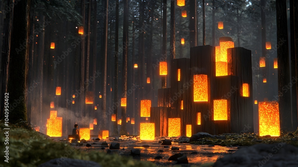 Conceptual image of a campfire where the wood transforms into captivating glowing geometric shapes as the fire burns creating a mesmerizing and visually striking scene Conceptual image of a campfire where the wood transforms into captivating glowing geometric shapes as the fire burns creating a mesmerizing and visually striking scene