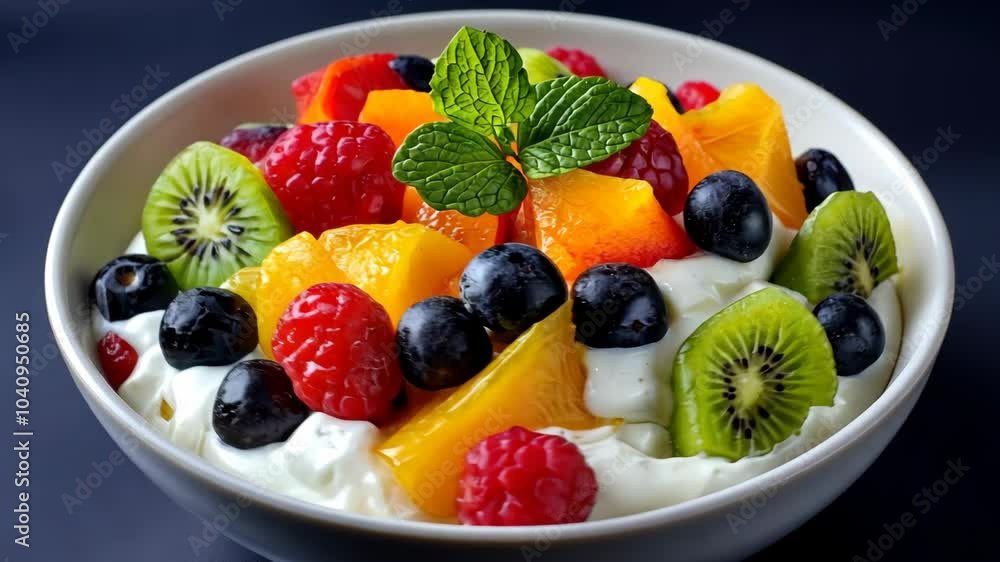 A bowl of fresh fruit salad with yogurt and a sprig of mint A bowl of fresh fruit salad with yogurt and a sprig of mint