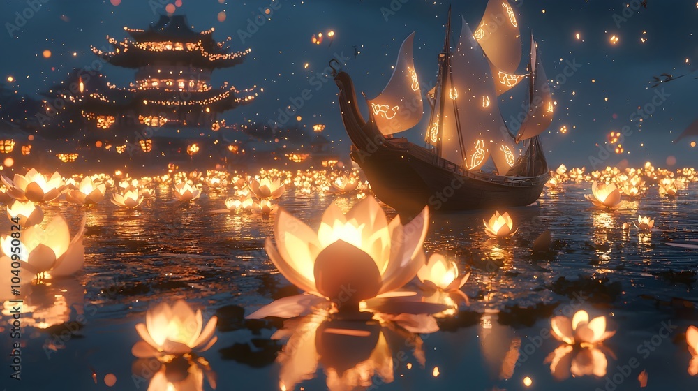 Fototapeta premium A conceptual digital showcasing a junk boat gracefully sailing on a tranquil sea of glowing lotus flowers the water s surface reflecting their soft ethereal light
