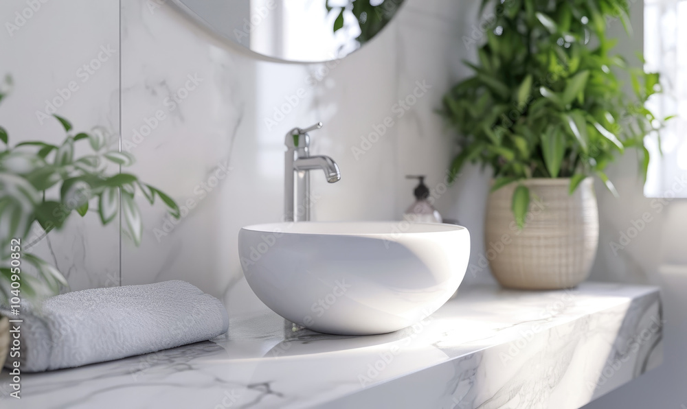 Fototapeta premium Stylish white bowl sink with houseplant and towel on sleek marble table in modern bathroom interior design