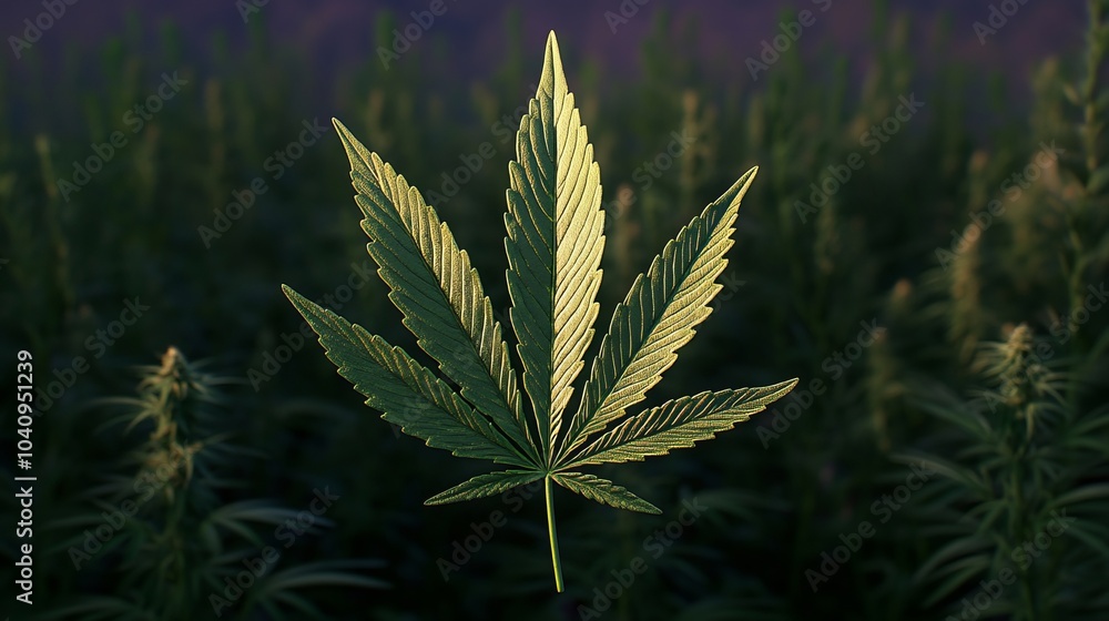Single cannabis leaf stands out in a field of cannabis plants. Single cannabis leaf stands out in a field of cannabis plants.