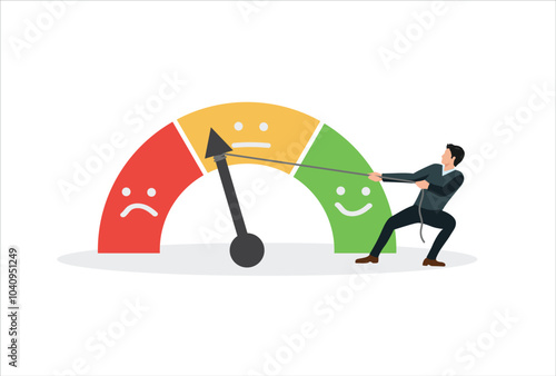 Performance rating or customer feedback, credit score or satisfaction measurement, quality control or improvement concept, strong businesswoman pull the string to make rating gauge to be excellent.