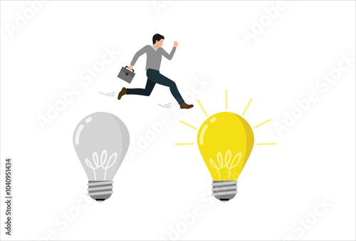Business transformation, change management or transition to better innovative company, improvement and adaptation to new normal concept, smart businessman jump from old to new shiny lightbulb idea.