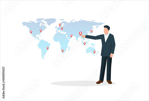 Global business expansion, open company branches, franchise in new location to cover all continent, growing business worldwide concept, businessman CEO put new branch pin on world map across globe.