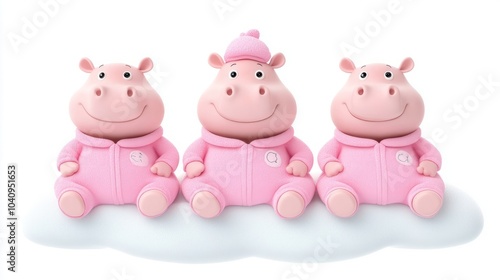 Three cute cartoon hippos wearing pink pajamas sitting on a cloud.