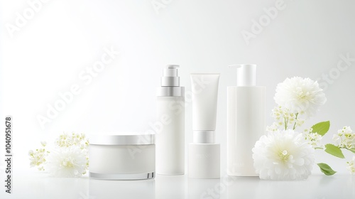 Serene Skincare Collection: Luxurious, minimalist skincare products displayed with delicate white flowers, creating a calming and elegant aesthetic. 