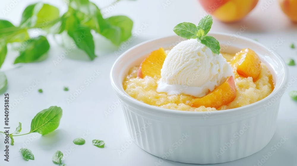 Fresh Peach Dessert with Ice Cream and Mint Garnish Fresh Peach Dessert with Ice Cream and Mint Garnish
