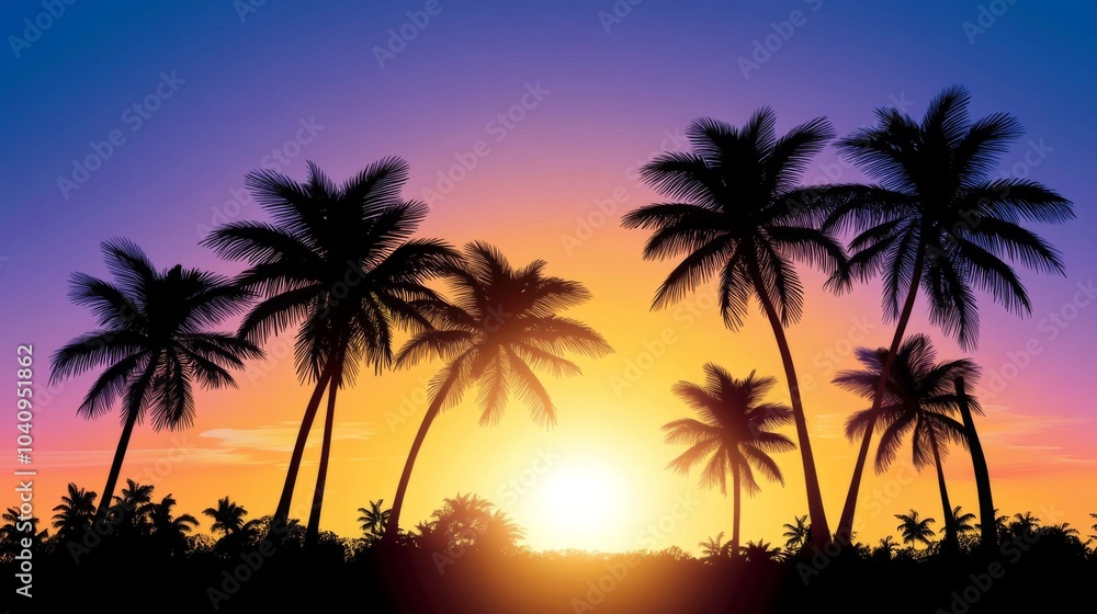 Vector art of palm trees at sunset, with a blue and purple sky, in a simple vector style, as clipart, on a white background Vector art of palm trees at sunset, with a blue and purple sky, in a simple vector style, as clipart, on a white background