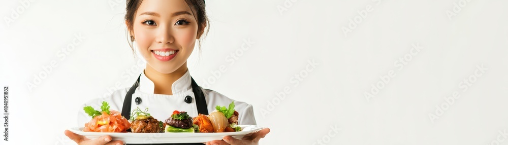 Asian woman presenting culinary creations in a highend restaurant, gourmet food presentation Asian woman presenting culinary creations in a highend restaurant, gourmet food presentation