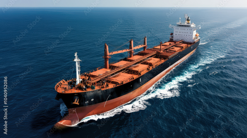 Obraz premium large freighter navigates through calm ocean waters, showcasing its impressive size and structure against serene backdrop. ships hull contrasts beautifully with deep blue sea, creating striking