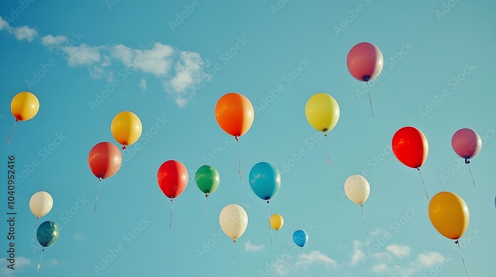 A stunning photograph of a cluster of vibrant colorful balloons gracefully floating up into a clear azure blue sky evoking a sense of freedom happiness and wonder This serene A stunning photograph of a cluster of vibrant colorful balloons gracefully floating up into a clear azure blue sky evoking a sense of freedom happiness and wonder This serene