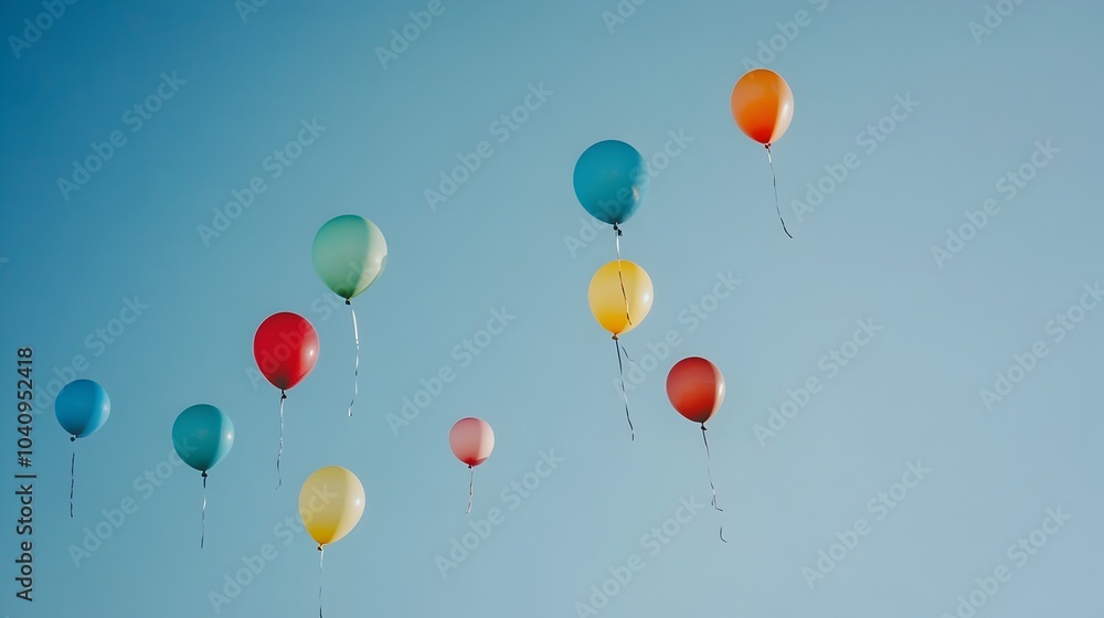 Colorful balloons gently drifting and floating upwards into the boundless serene blue sky creating a captivating whimsical scene of tranquility and joy Colorful balloons gently drifting and floating upwards into the boundless serene blue sky creating a captivating whimsical scene of tranquility and joy