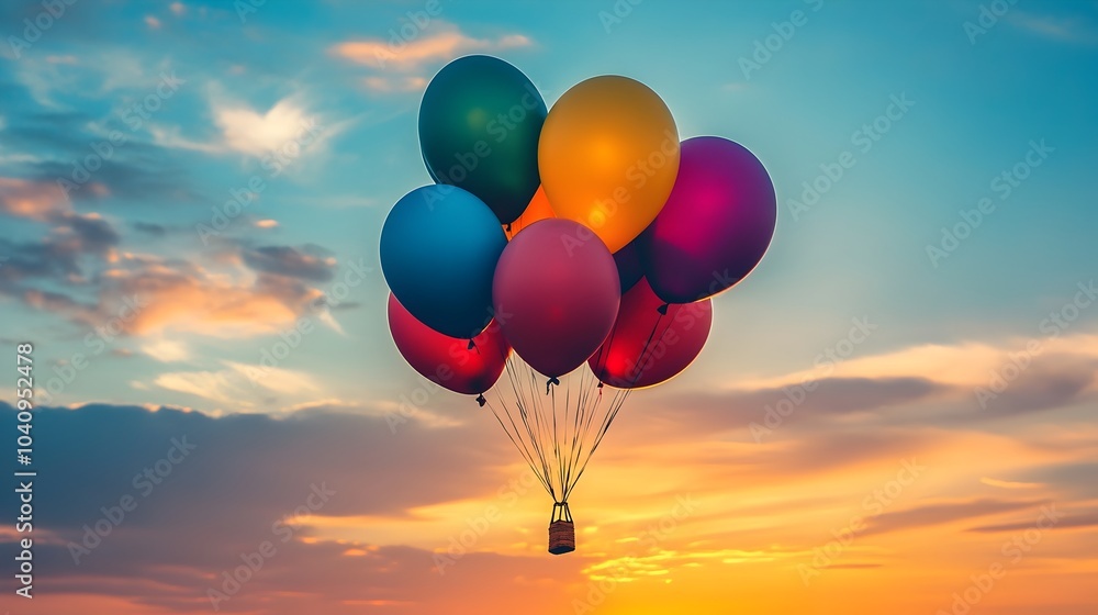 Fototapeta premium A cluster of colorful hot air balloons drifting peacefully into a breathtaking sunset landscape capturing a sense of adventure freedom and the beauty of nature