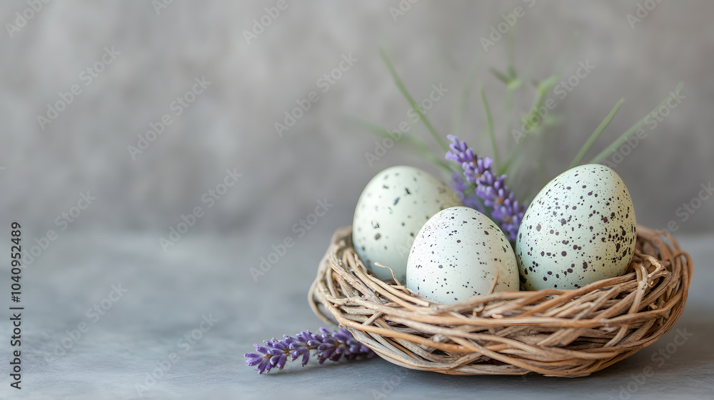 Speckled Eggs in a Nest with a Lavender Sprig Speckled Eggs in a Nest with a Lavender Sprig