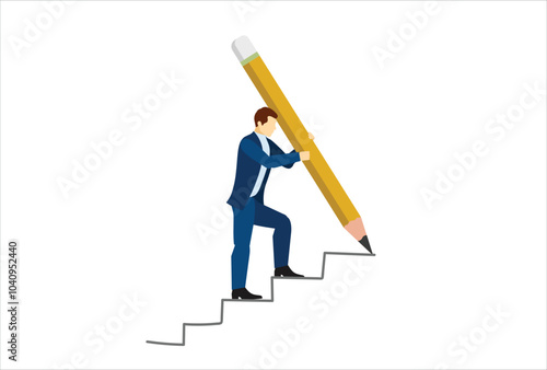 Business development successful, strategy to reach business target or career path achievement concept, smart businessman use huge pencil to draw rising up staircase and walk climbing up ladder.