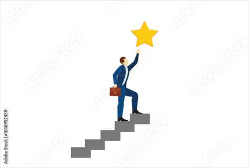 Hope to success in business, accomplishment or reaching business goal, reward and motivation concept, smart confident businessman climb up stair to the top to reaching to grab precious star reward.