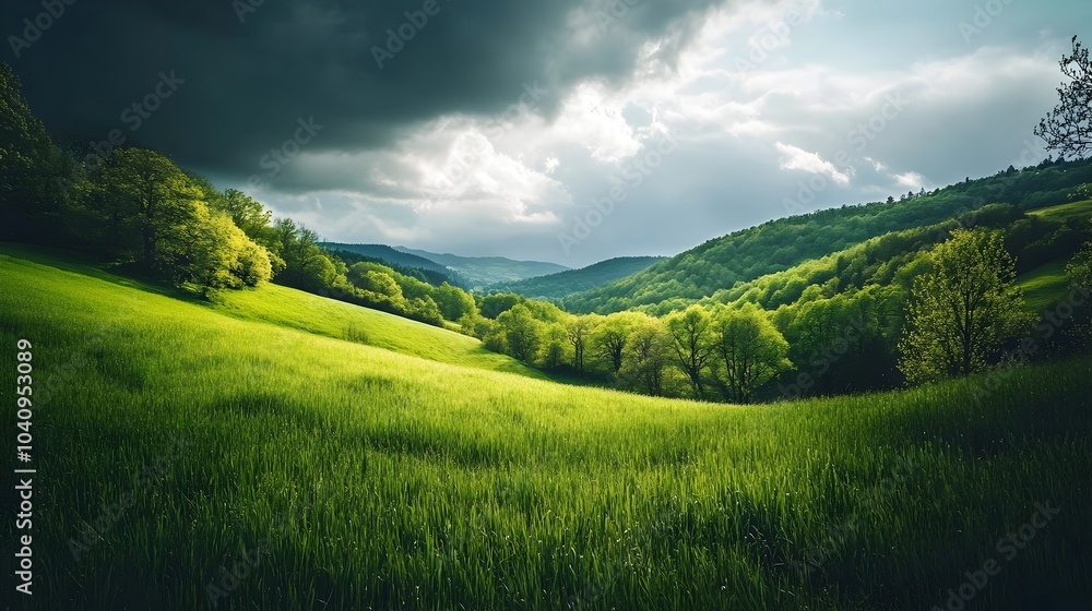 Obraz premium Breathtaking panoramic view of a lush verdant green landscape with rolling hills tall grass and vibrant foliage all under a bright blue sky filled with fluffy white clouds