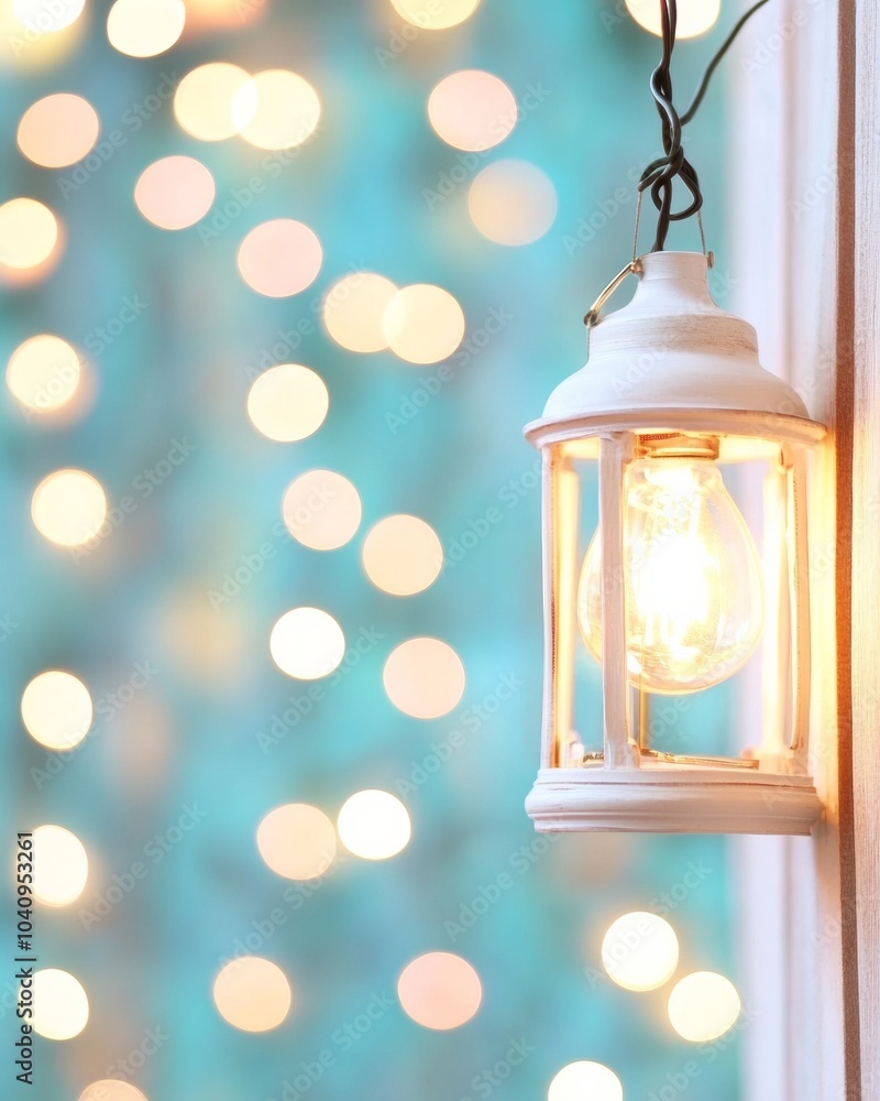 Obraz premium Festive Lantern with Glowing Lights on Turquoise Background - Holiday Seasons in Soft Focus