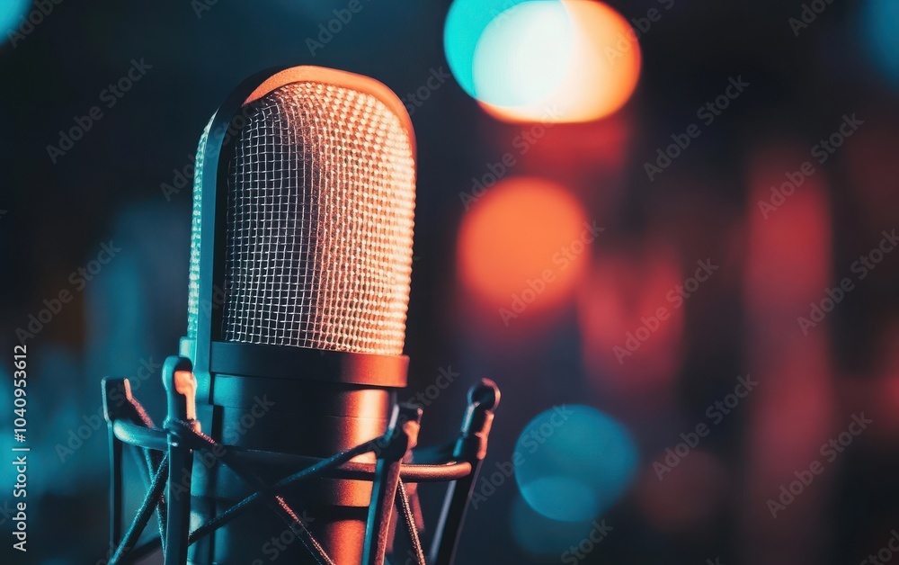 A clean view of a studio microphone with a pop shield in an unoccupied recording studio, emphasizing the professional setup for music performances A clean view of a studio microphone with a pop shield in an unoccupied recording studio, emphasizing the professional setup for music performances