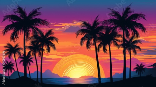 Colorful vector art illustration of palm tree silhouettes at sunset, showcasing a stunning blue, purple, and orange sky. 