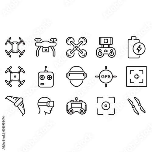 Drone icon set. Thin line vector. Contains icons of various drones.