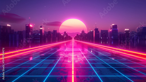 the sunset neon city at dusk