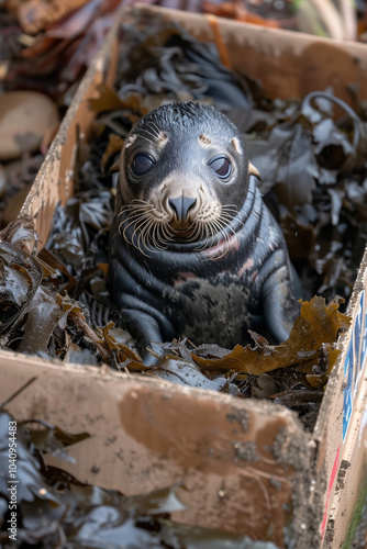 Adorable Sea Lion Pup Cuddles Up in Cardboard Box