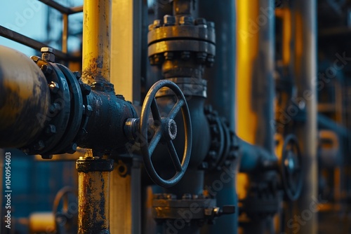 A close-up view of industrial pipes and valves, showcasing intricate metalwork and machinery, illuminated by an ambient glow.