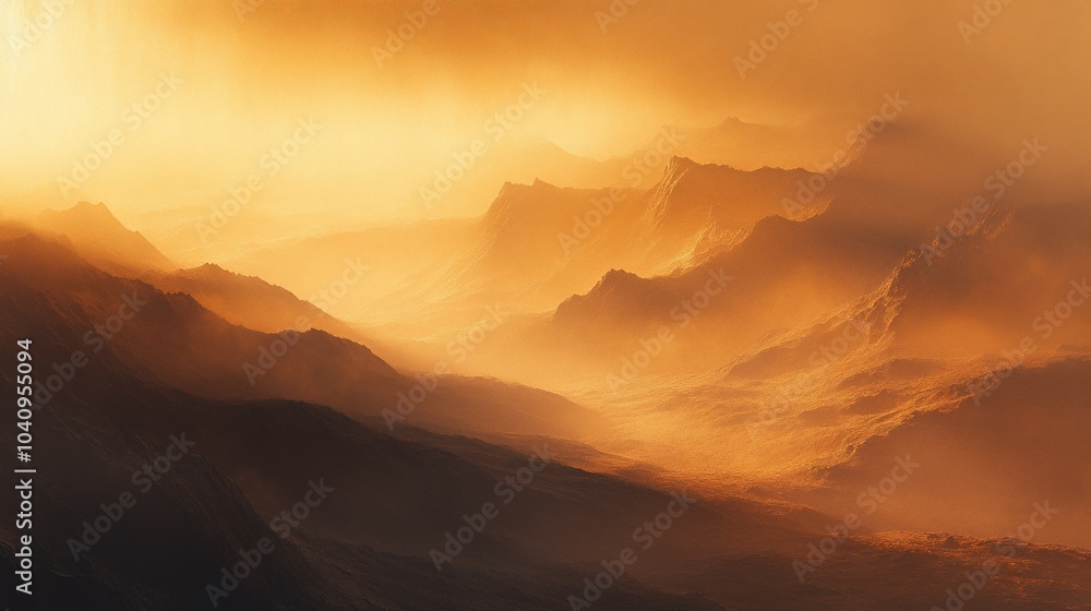 Obraz premium A misty mountain range with the sun setting behind them, creating a warm golden glow.