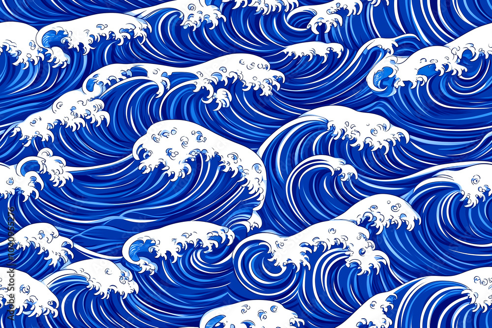 Fototapeta premium The image is a blue and white wave pattern that is reminiscent of the ocean. The waves are large and powerful, creating a sense of movement and energy