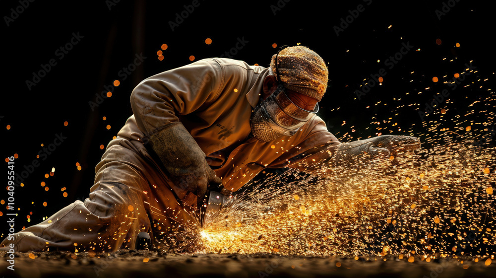 Intense bursts of light illuminate scene as skilled industrial welder works diligently, creating sparks that dance in air. focus and precision of task are evident Intense bursts of light illuminate scene as skilled industrial welder works diligently, creating sparks that dance in air. focus and precision of task are evident